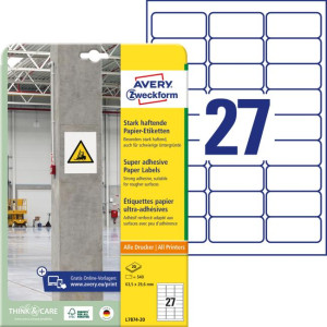 Etikety univerzálne 63,5x29,6mm Avery A4, silne lepivé 20 hárkov