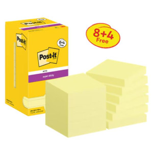 Silný samolepiaci bloček Post-it,76mm x 76mm, 90 lístkov v bločku, kanárikovo žltý,12 bločkov v balení