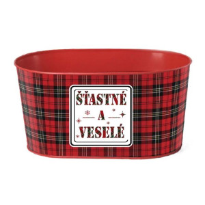 Kvetináč plechový 225x110 mm oválny, ’Šťastné a veselé’, červená, čierna, zelená